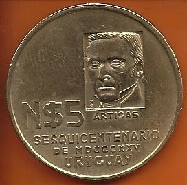 MOEDA URUGUAI 5 NUEVO PESOS 1975 COMEMORATIVA 150 ANOS 33mm