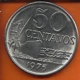 Moeda Brasil 50 Centavos Cruzeiro - 1975 - Sem Serrilha - FC